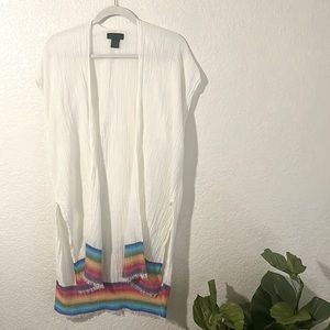 Steve Madden Mosaic Striped Beach Cover Up Kimono OSFM Frayed Ivory